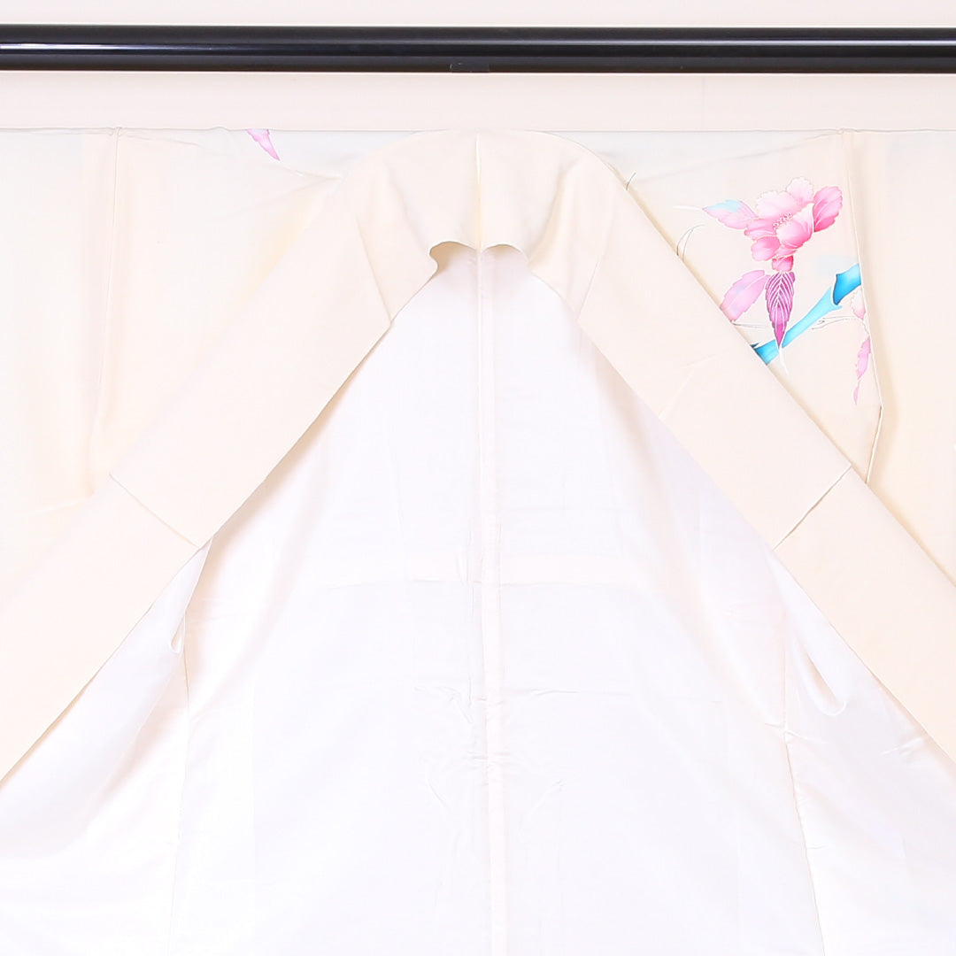 訪問着 袷 身丈161cm 裄丈62cm 正絹 Cランク Lサイズ 広衿 セミフォーマル 牡丹 金駒刺繍 クリーム系 1212-04478