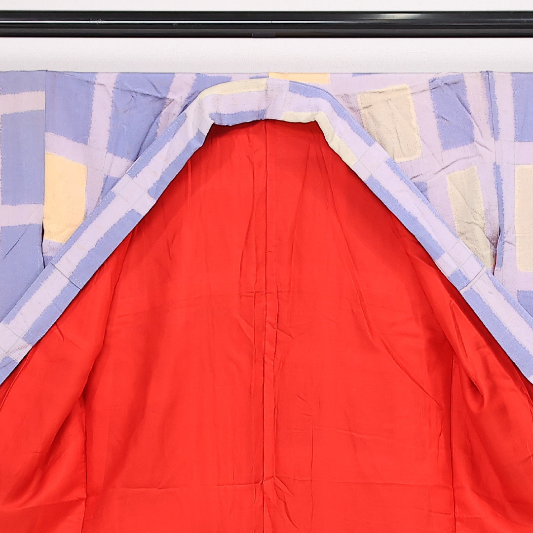アンティーク 小紋 袷 身丈147cm 裄丈60cm Dランク 正絹 バチ衿 XSサイズ 格子 スタイリッシュ 爽やか 水色系 紫系 1215-13521