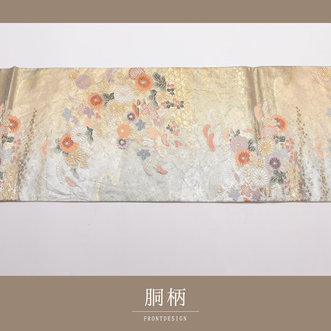袋帯 帯丈440cm 正絹 六通 フォーマル 琳派 光悦垣 光琳波 四季草花 金系 1243-01458