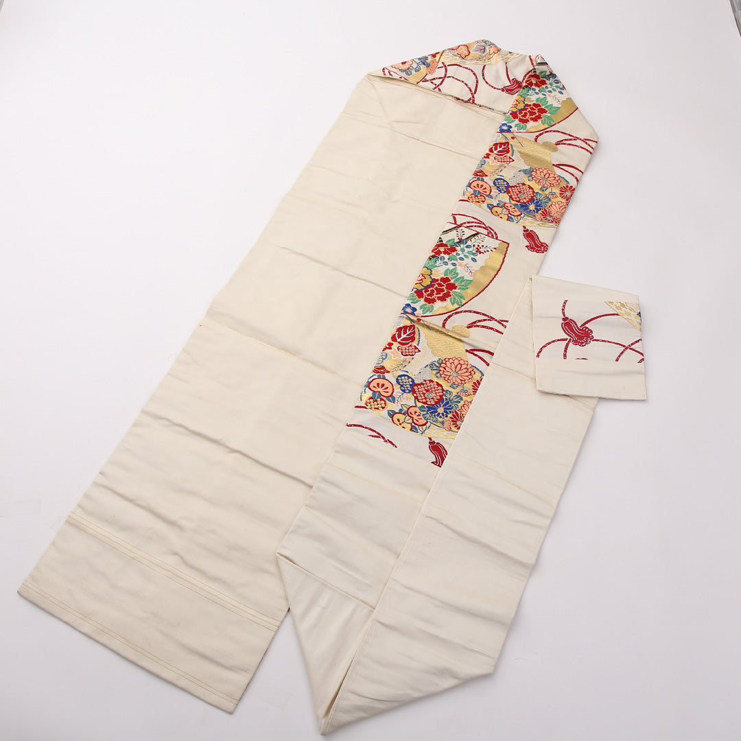 アンティーク 名古屋帯 六通 帯丈325cm Aランク 正絹 吉祥文様 扇 白系 1224-02378