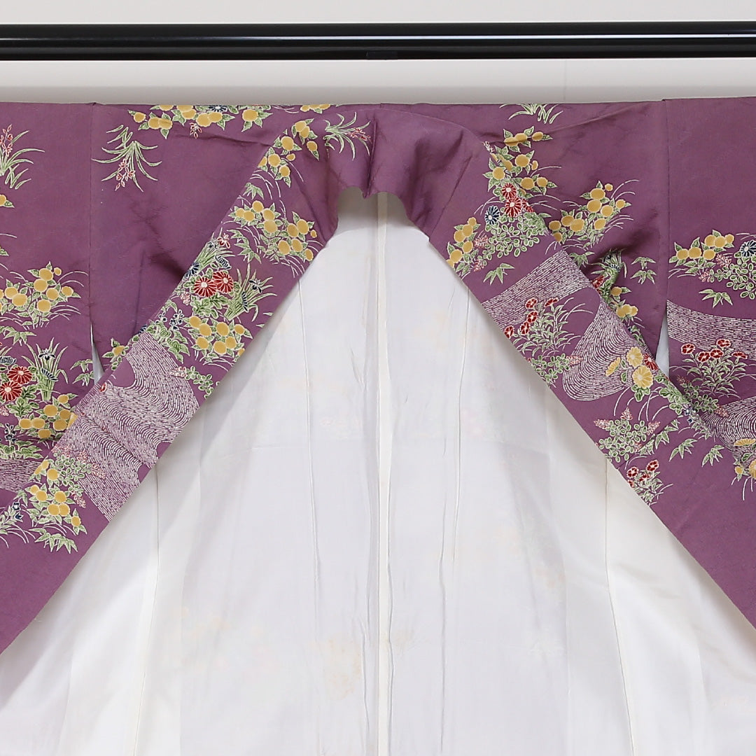 小紋 袷 身丈154cm 裄丈62cm 正絹 Aランク インフォーマル 広衿 Sサイズ 花柄 笹 紫系 RP 1221-01665