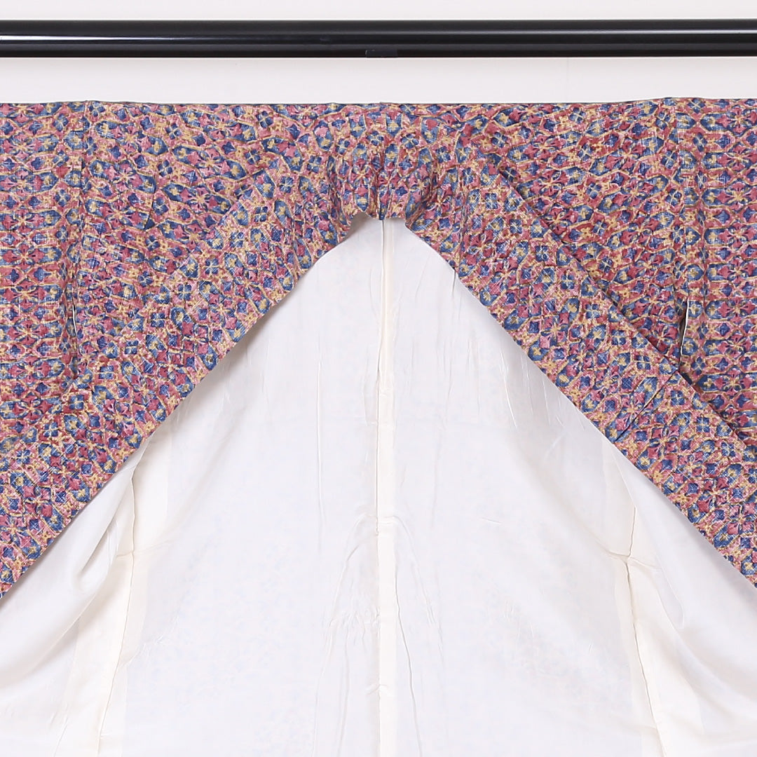 小紋 袷 身丈149cm 裄丈62cm 正絹 Sランク インフォーマル 広衿 XSサイズ 花菱 ピンク系 RP 1221-01943