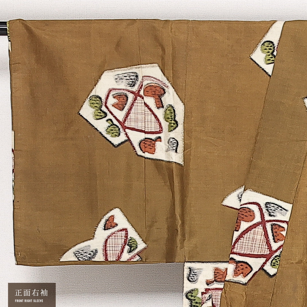 男性用 アンティーク 和装コート (銘仙) 袷 身丈78cm 裄丈66cm 正絹 Cランク Mサイズ 創作柄 茶系 RP 1238-13713
