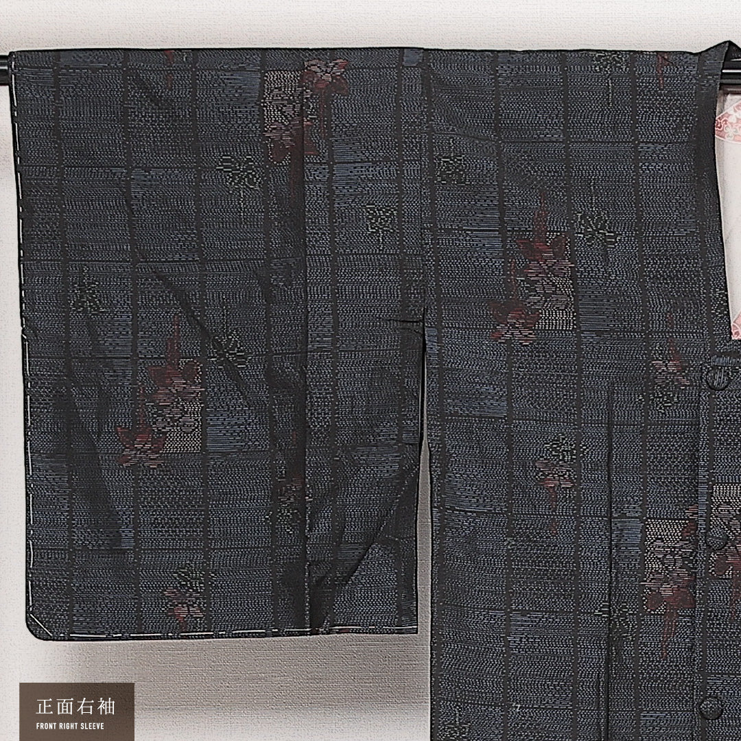 道行コート (大島紬) 袷 身丈83cm 裄丈64cm 正絹 Aランク インフォーマル Mサイズ 緯総絣 ポケットあり しつけ糸 花柄 紺系 RP 1237-13804