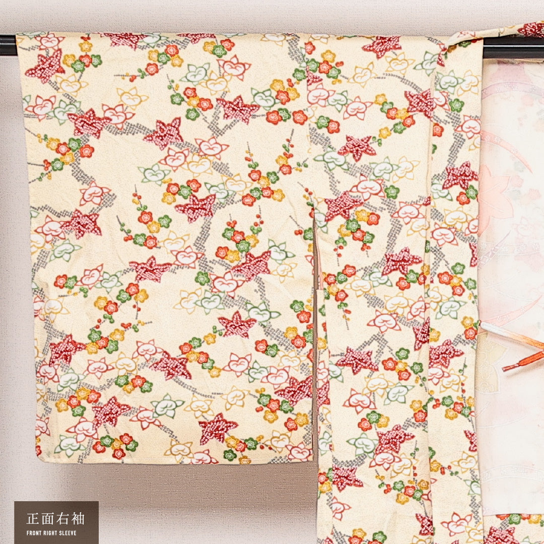 未使用品 羽織 袷 身丈83cm 裄丈64cm 正絹 Sランク カジュアル Mサイズ 紐あり しつけ糸 梅 紅葉 橘 クリーム系 RP 1232-13818