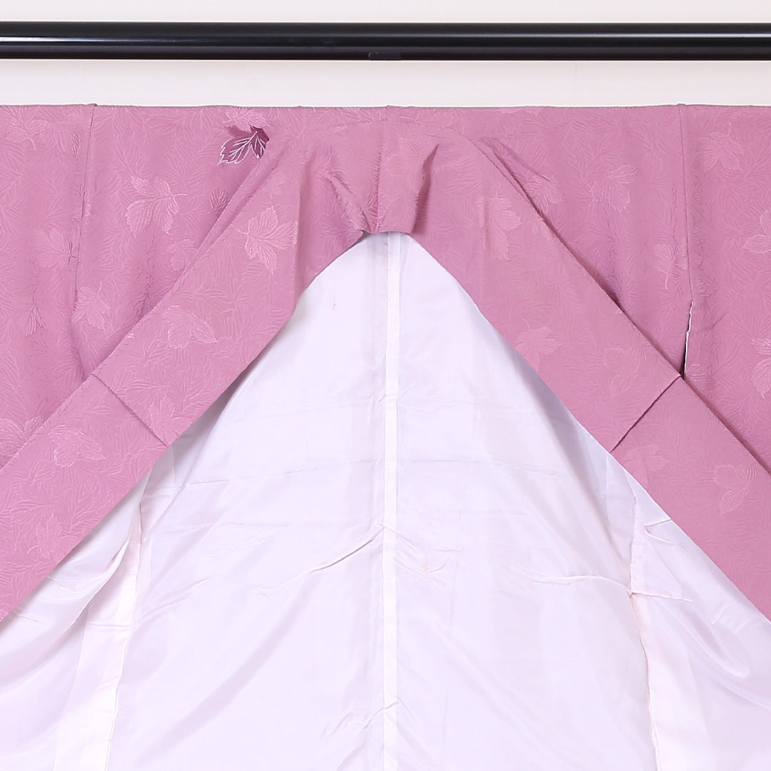 小紋 袷 身丈149cm 裄62cm ピンク系 葉模様 付下げ 正絹 Aランク 1215-01955-3113