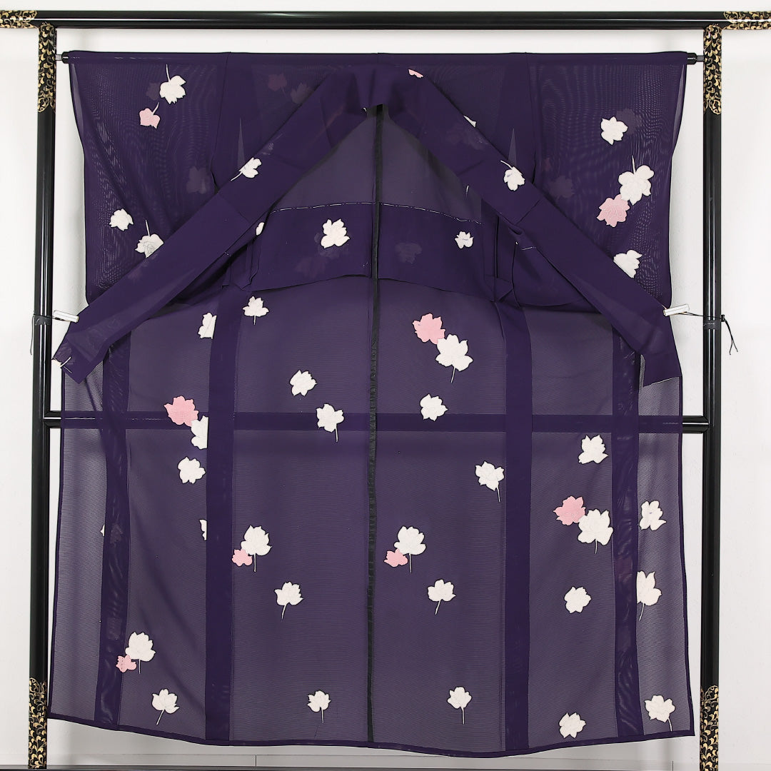夏物 小紋 絽 身丈155cm 裄丈64cm 正絹 Aランク インフォーマル 広衿 Mサイズ 銀彩 薔薇 紫系 RP 1221-17476