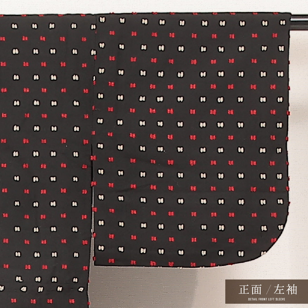 アンティーク 小紋 単衣 身丈138cm 裄丈60cm 正絹 Aランク 広衿 XSサイズ 織り出し 肩当て 創作柄 黒系 HP 1221-17216