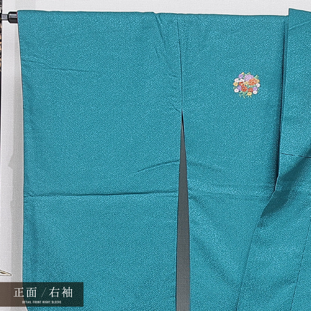 洗える着物 小振袖 袷 身丈160cm 裄丈65cm ポリエステル Sランク 紋意匠 (紗綾形) セミフォーマル 広衿 Lサイズ 刺繍 牡丹 菊 青系 RP 1216-07058