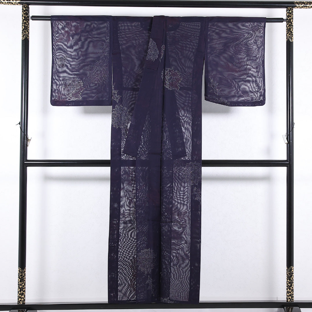 夏物 小紋 二重紗 身丈149cm 裄丈62cm 正絹 Sランク インフォーマル バチ衿 2XLサイズ 漆糸 蒲公英 紫系 M4 1221-17348