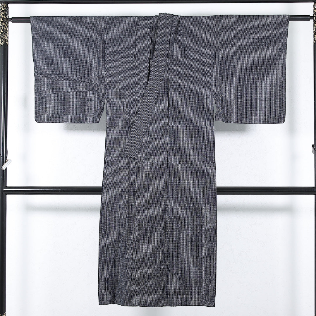 夏物 洗える着物 麻の男着物 身丈130cm 裄丈65cm 麻 Cランク カジュアル 棒衿 Mサイズ 居敷当て 肩当て 抽象柄 グレー系 RP 1224-17370