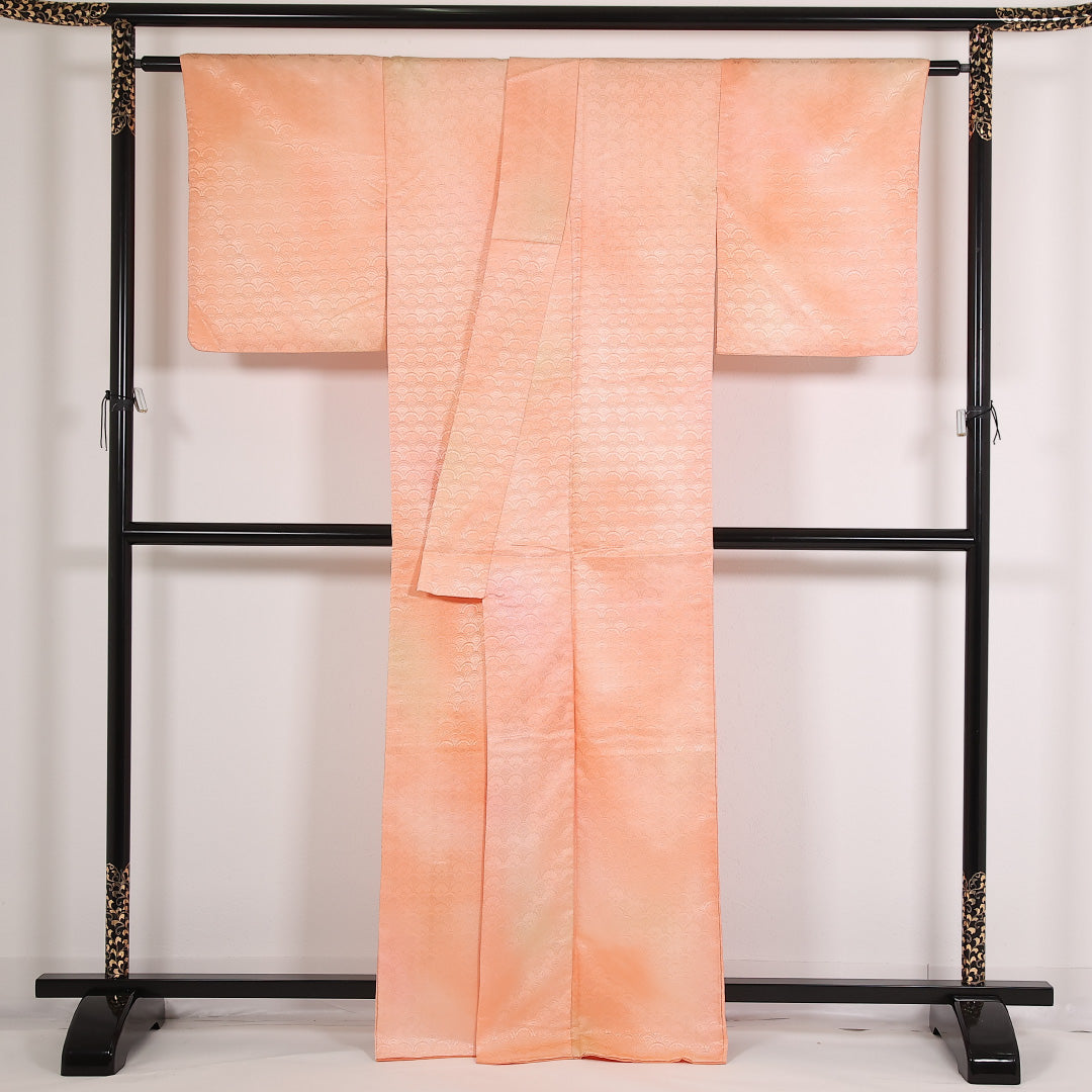 洗える着物 色無地 袷 身丈163cm 裄丈64cm ポリエステル Sランク インフォーマル 広衿 Lサイズ 青海波 朱系 LP 1219-17541