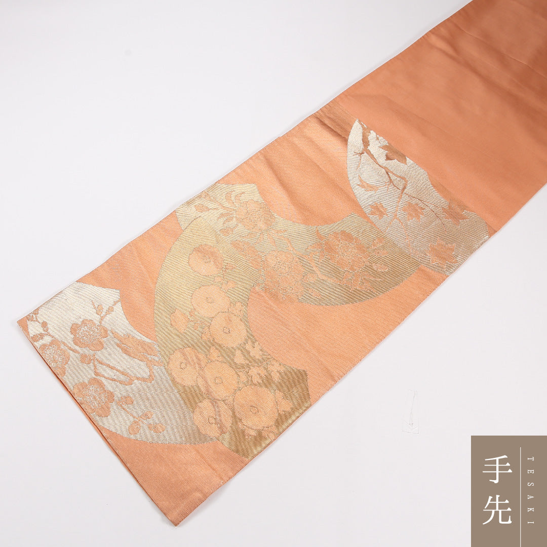 扇面文 袋帯 帯丈424cm 正絹 六通 フォーマル 朱系 金系 1243-02638