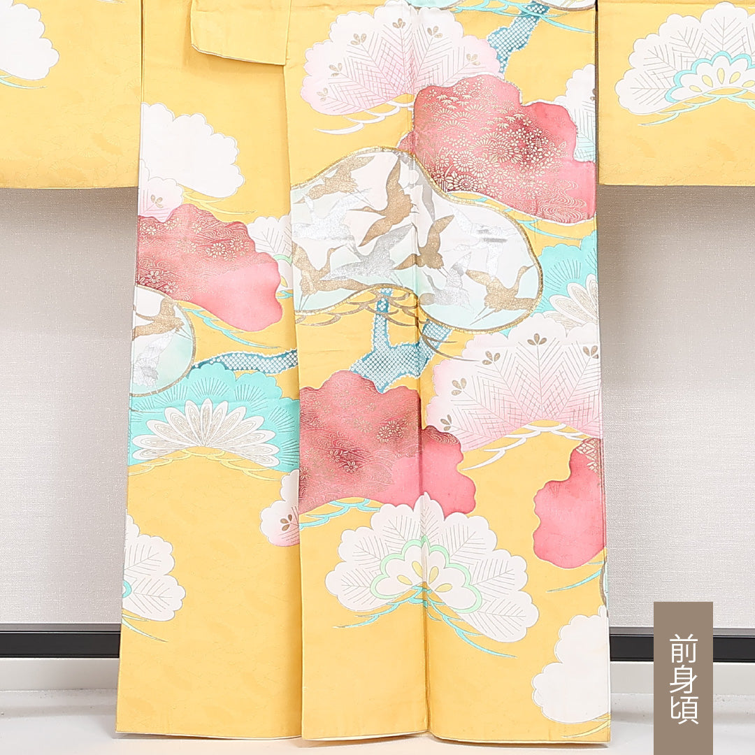 洗える着物 振袖 袷 身丈162cm 裄丈64cm ポリエステル Cランク フォーマル 広衿 Lサイズ 鶴 松 黄系 LP 1215-06803