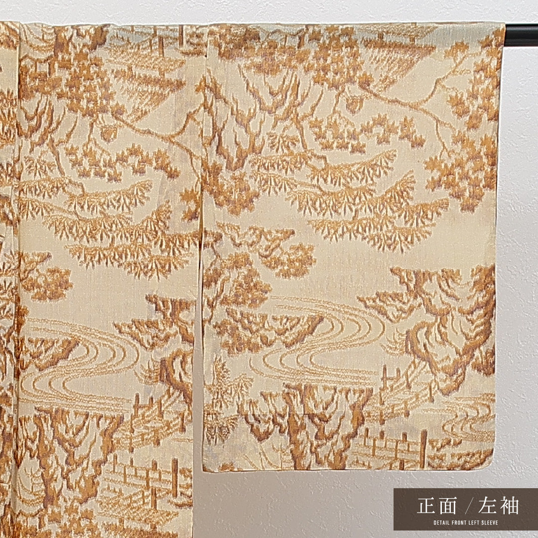 小紋 (ちりめん) 単衣 身丈146cm 裄丈63cm 正絹 Aランク インフォーマル バチ衿 Sサイズ 茶屋辻 ちりめん クリーム系 RP 1221-17271