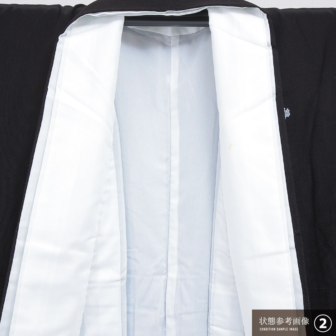 洗える着物 黒留袖 袷 身丈161cm 裄丈64cm ポリエステル Aランク 五つ紋 (五三桐) フォーマル 広衿 Lサイズ 金彩 比翼 松鶴 山水 黒系 M4 1213-07091