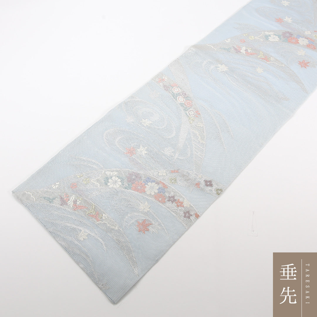 夏物 袋帯 帯丈436cm 正絹 六通 インフォーマル 龍田川 水色系 1243-02519
