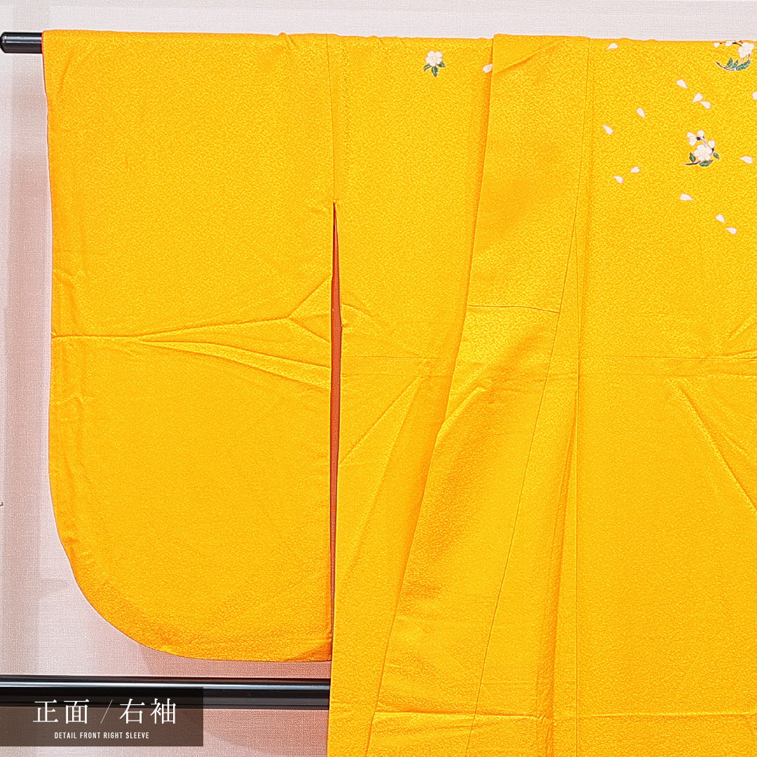 洗える着物 小振袖 袷 身丈163cm 裄丈65cm ポリエステル Cランク セミフォーマル 広衿 Lサイズ 桜 黄系 HP 1216-07037