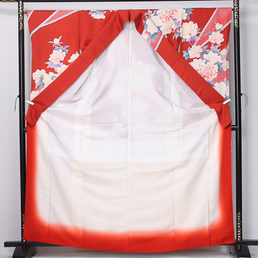 振袖 袷 身丈163cm 裄丈66cm 正絹 Aランク フォーマル 広衿 Lサイズ 牡丹 赤系 RP 1215-06716