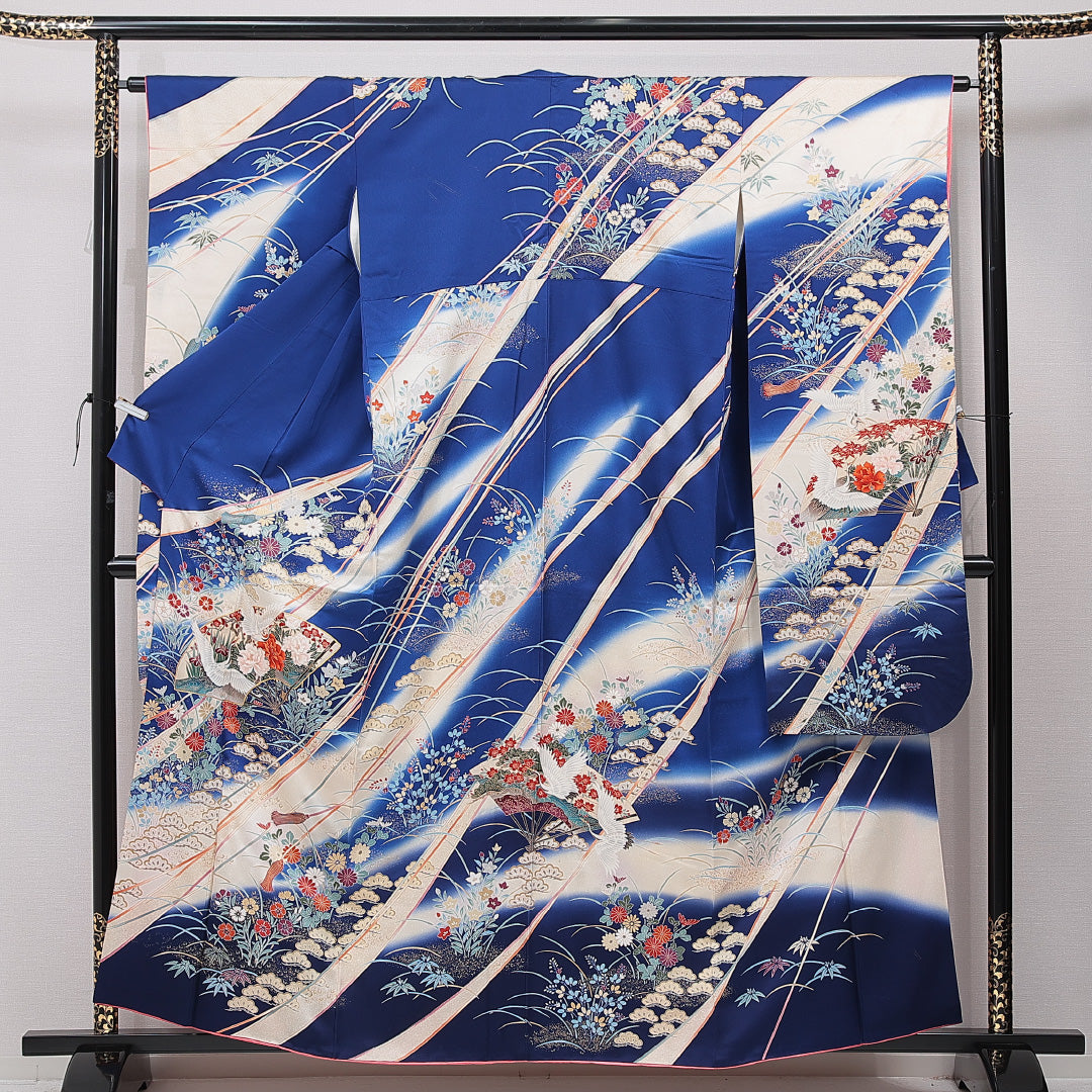 振袖 袷 身丈158cm 裄丈63cm 正絹 Aランク フォーマル 広衿 Mサイズ 金駒刺繍 扇面文 鶴 牡丹 青系 RP 1215-06995