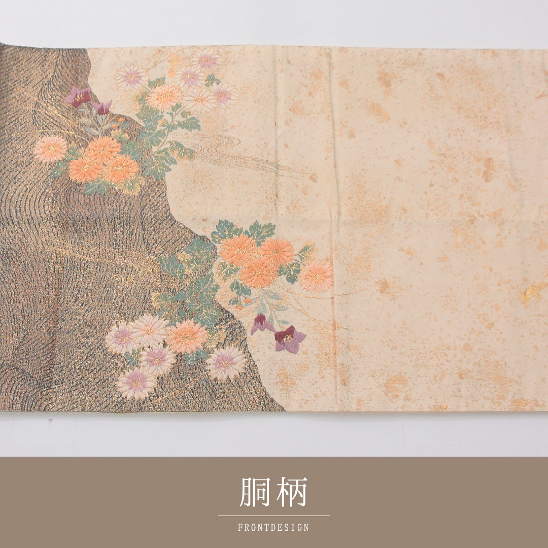袋帯 帯丈420cm 正絹 全通 帯芯なし リバーシブル フォーマル 浜松 鶴 ベージュ系 1243-02323