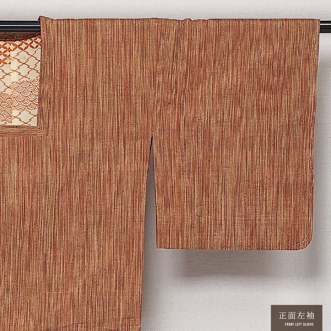 未使用品 道行コート 袷 身丈129cm 裄丈66cm 正絹 Nランク セミフォーマル Mサイズ 紐あり ポケットあり しつけ糸 茶系 RP 1237-13844