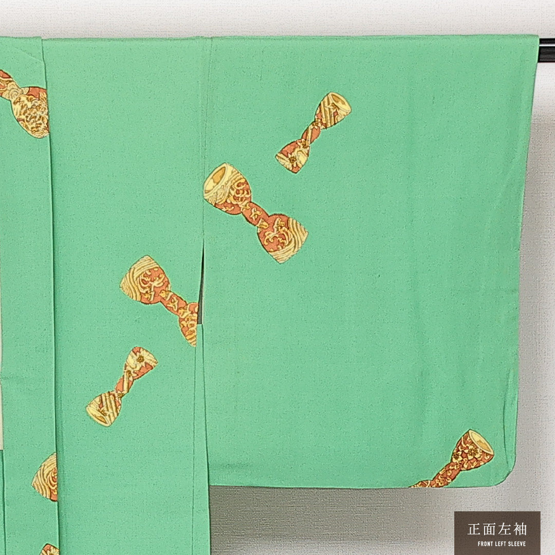 羽織 袷 身丈80cm 裄丈65cm 正絹 Cランク カジュアル Mサイズ 紐あり 梅 緑系 HP 1232-13820