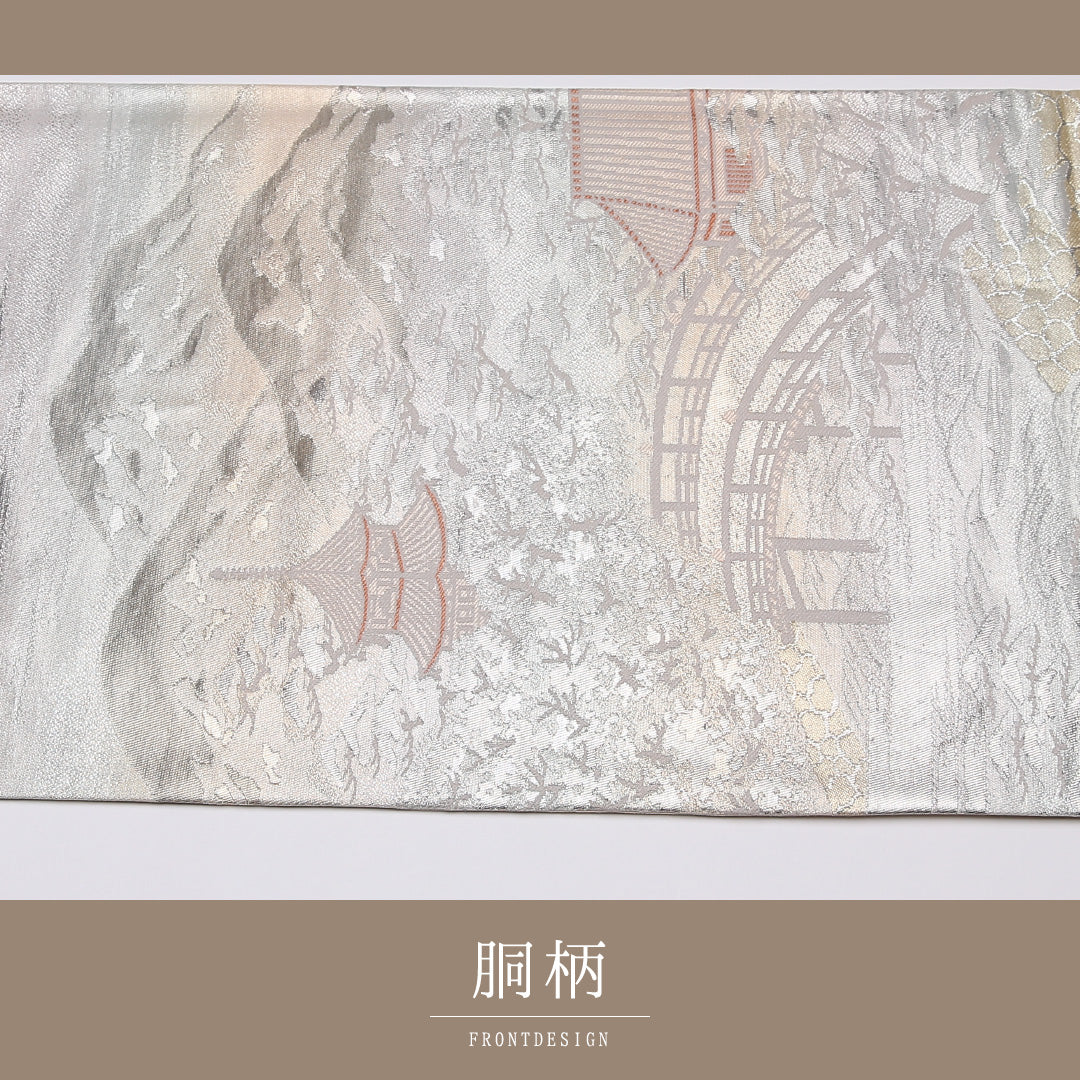 袋帯 帯丈432cm 六通 京洛百景 フォーマル セミフォーマル 緑系 正絹 Aランク 1223-01088