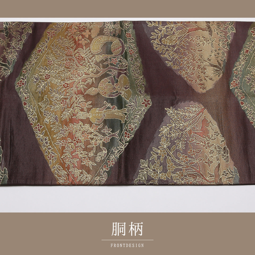 袋帯 帯丈404cm 正絹 六通 セミフォーマル 綴れ織 釈迦 鹿 仏教美術 紫系 1243-01392