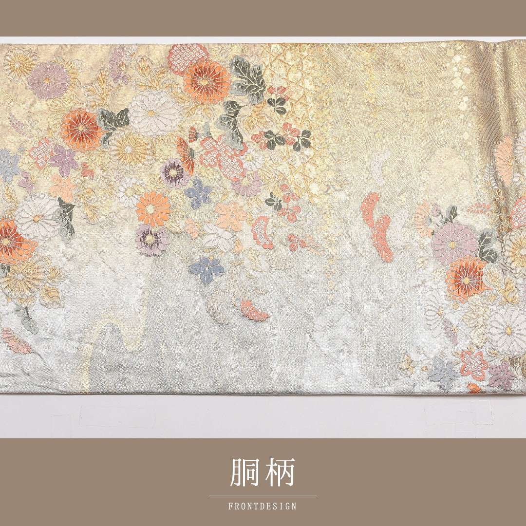 袋帯 帯丈440cm 正絹 六通 フォーマル 琳派 光悦垣 光琳波 四季草花 金系 1243-01458
