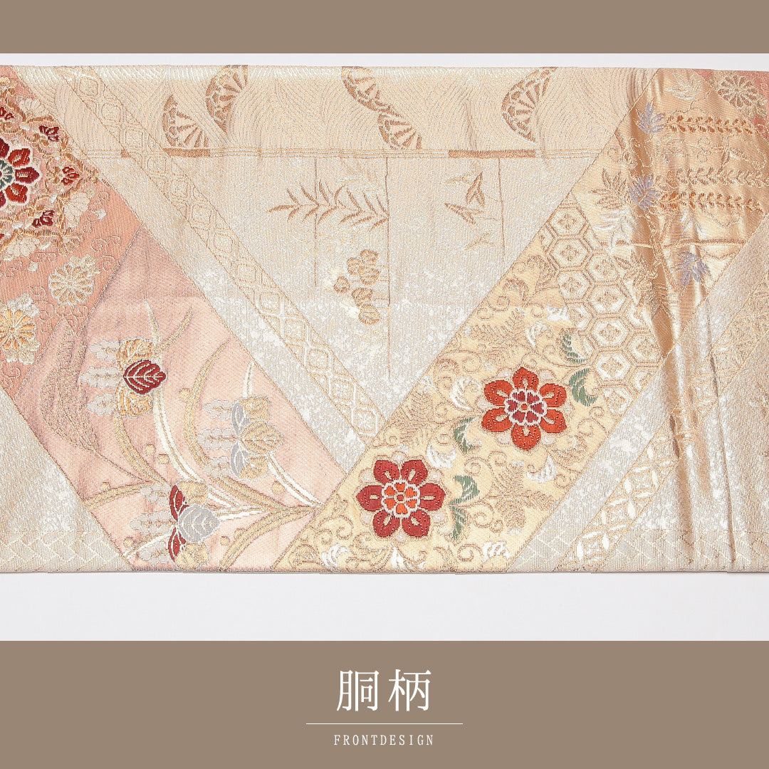 袋帯 帯丈424cm 正絹 六通 フォーマル 裂取り 宝相華 金系 ピンク系 1243-01187