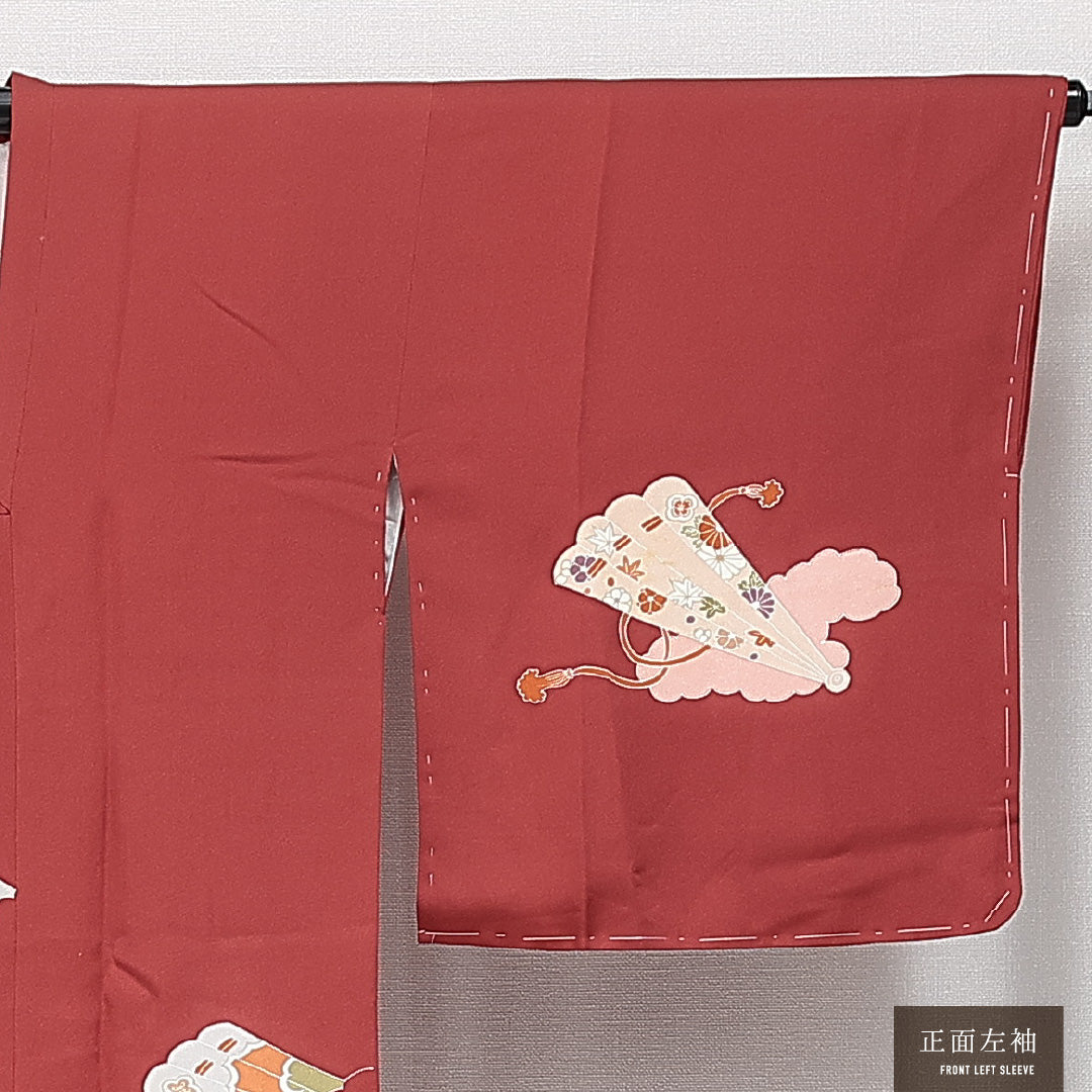 道行コート 袷 身丈89cm 裄丈65cm 正絹 Sランク カジュアル Mサイズ ポケットあり 扇 赤系 RP 1237-14632