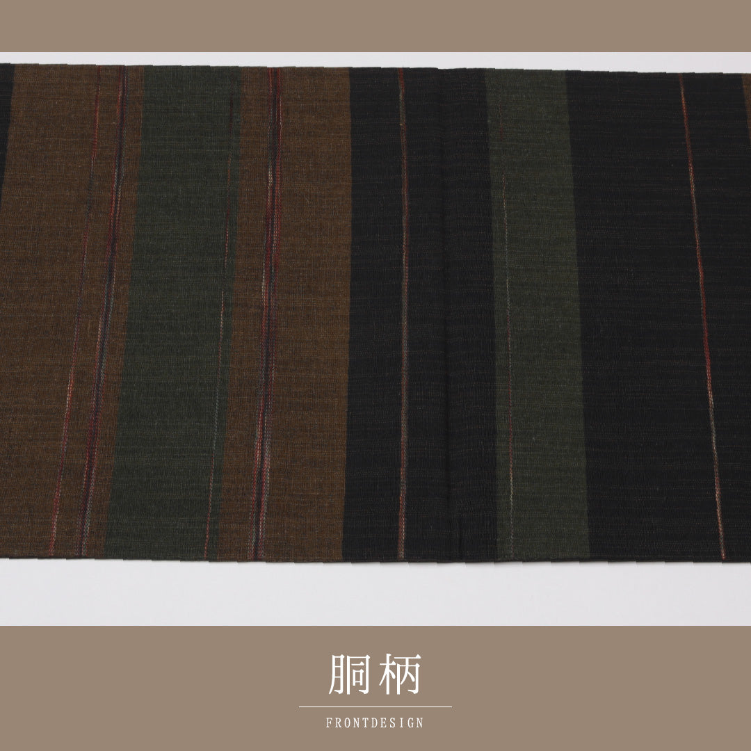 未使用品 袋帯 帯丈432cm 全通 縞 紬 リバーシブル カジュアル 紺系 正絹 Sランク 1223-01113