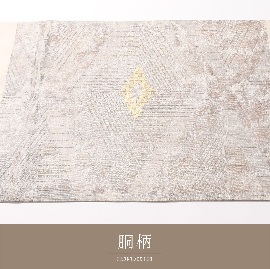 九寸名古屋帯 帯丈356cm セミフォーマル 開き仕立て ポイント柄 Sランク 正絹 銀箔 菱 白系 銀系 1224-03143