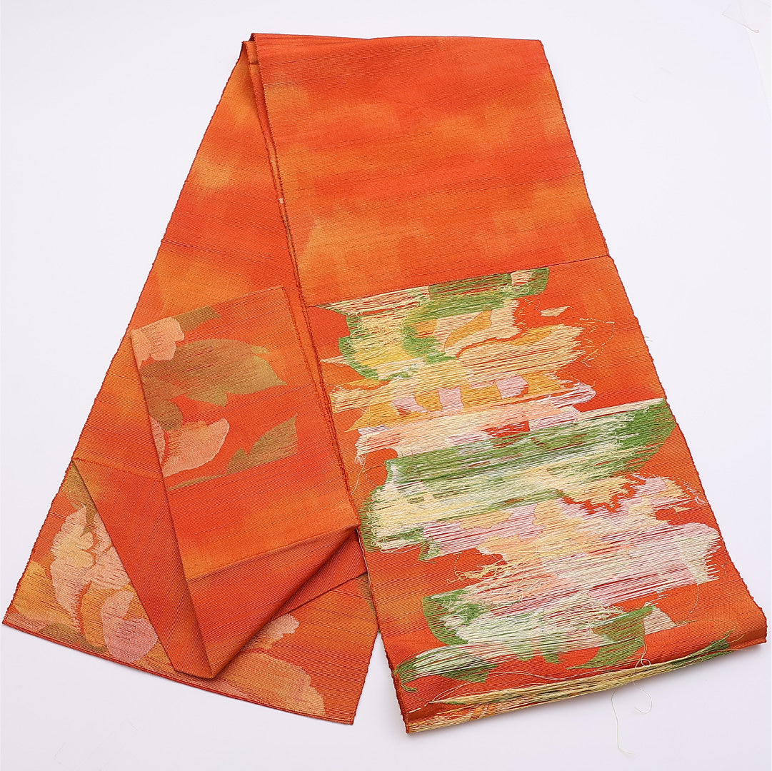 八寸名古屋帯 Sランク 帯丈328cm 正絹 六通 松葉仕立て 織り カジュアル 紬 牡丹 朱系 LP 1245-01320