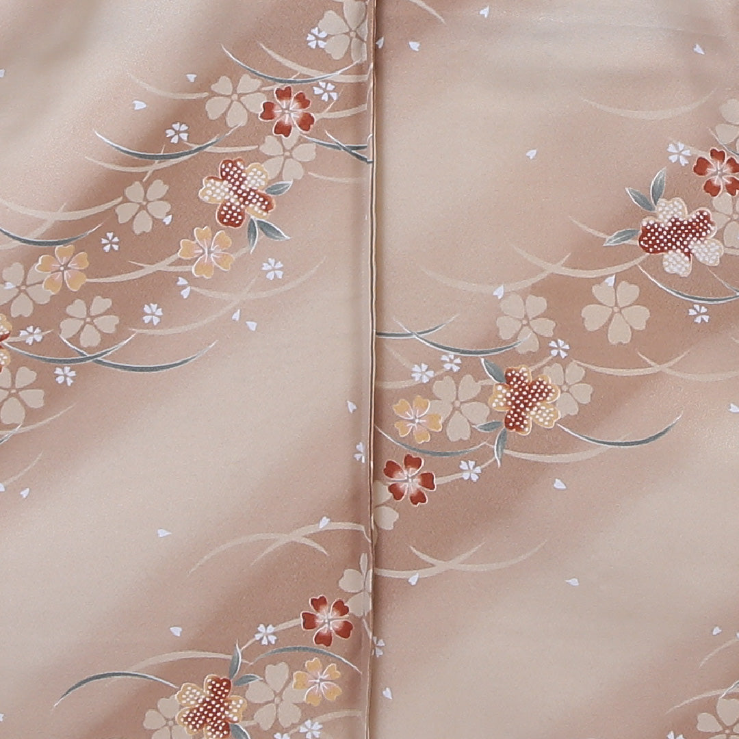 小紋 洗える着物 単衣 身丈164cm 裄丈66cm ポリエステル Aランク Lサイズ 広衿 インフォーマル 芝草 桜 茶系 1215-01188