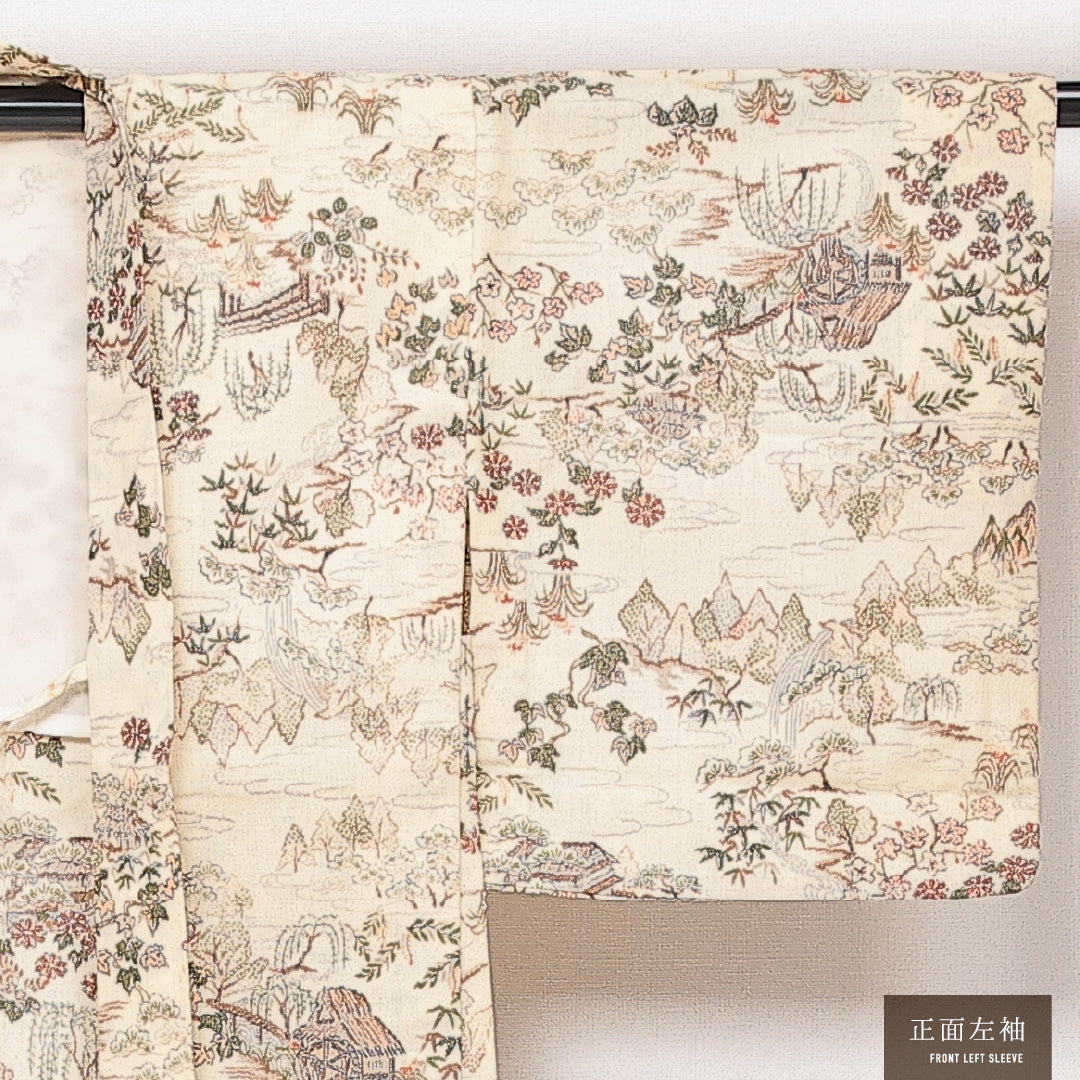 洗える着物 ウールの羽織 単衣 身丈77cm 裄丈62cm ウール Bランク カジュアル Sサイズ 紐あり 茶屋辻 楼閣 クリーム系 HP 1232-13909