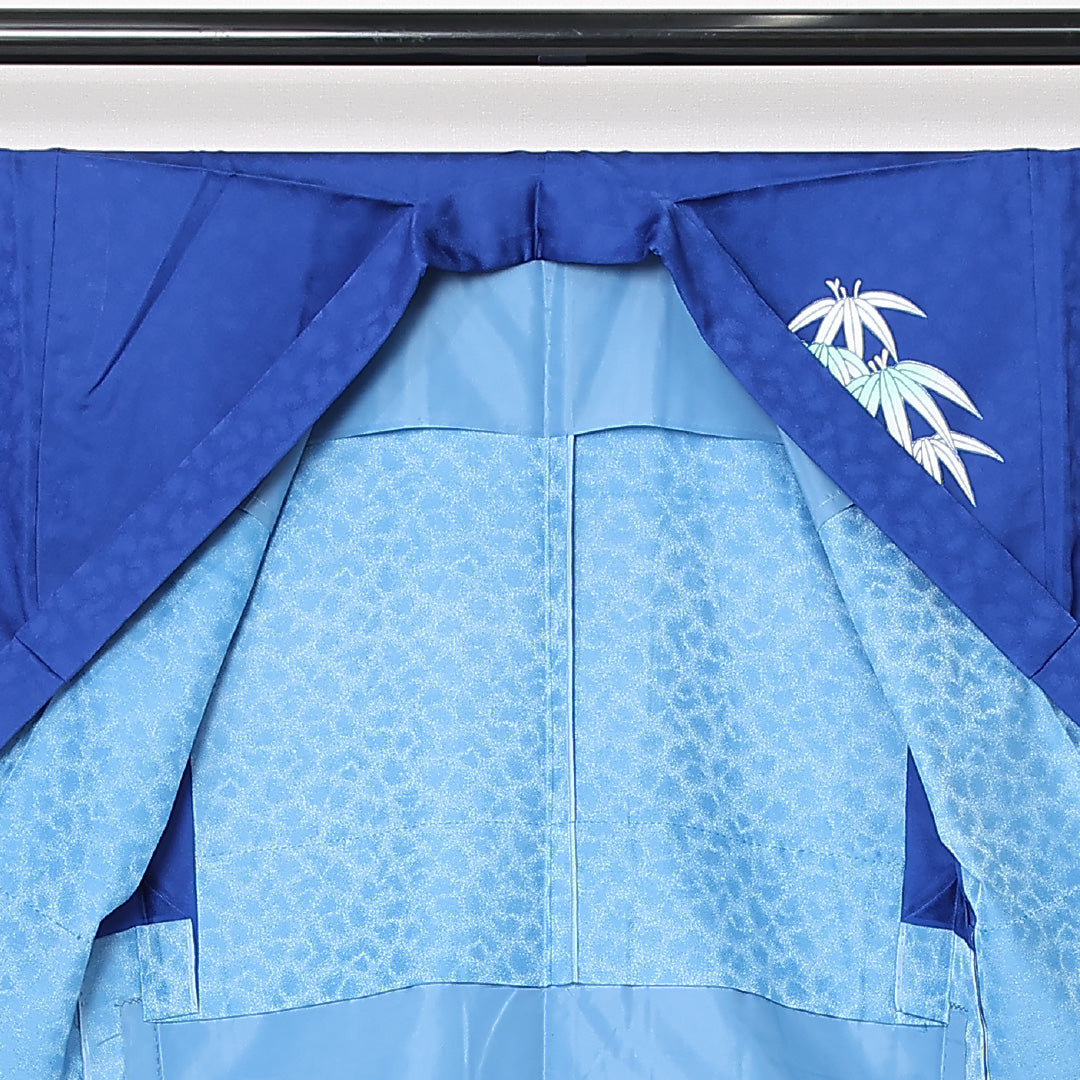 洗える着物 男着物 単衣 身丈147cm 裄丈67cm ポリエステル Sランク カジュアル 棒衿 Lサイズ 絵羽 居敷当て 肩当て 笹 竹 青系 RP 1224-12985