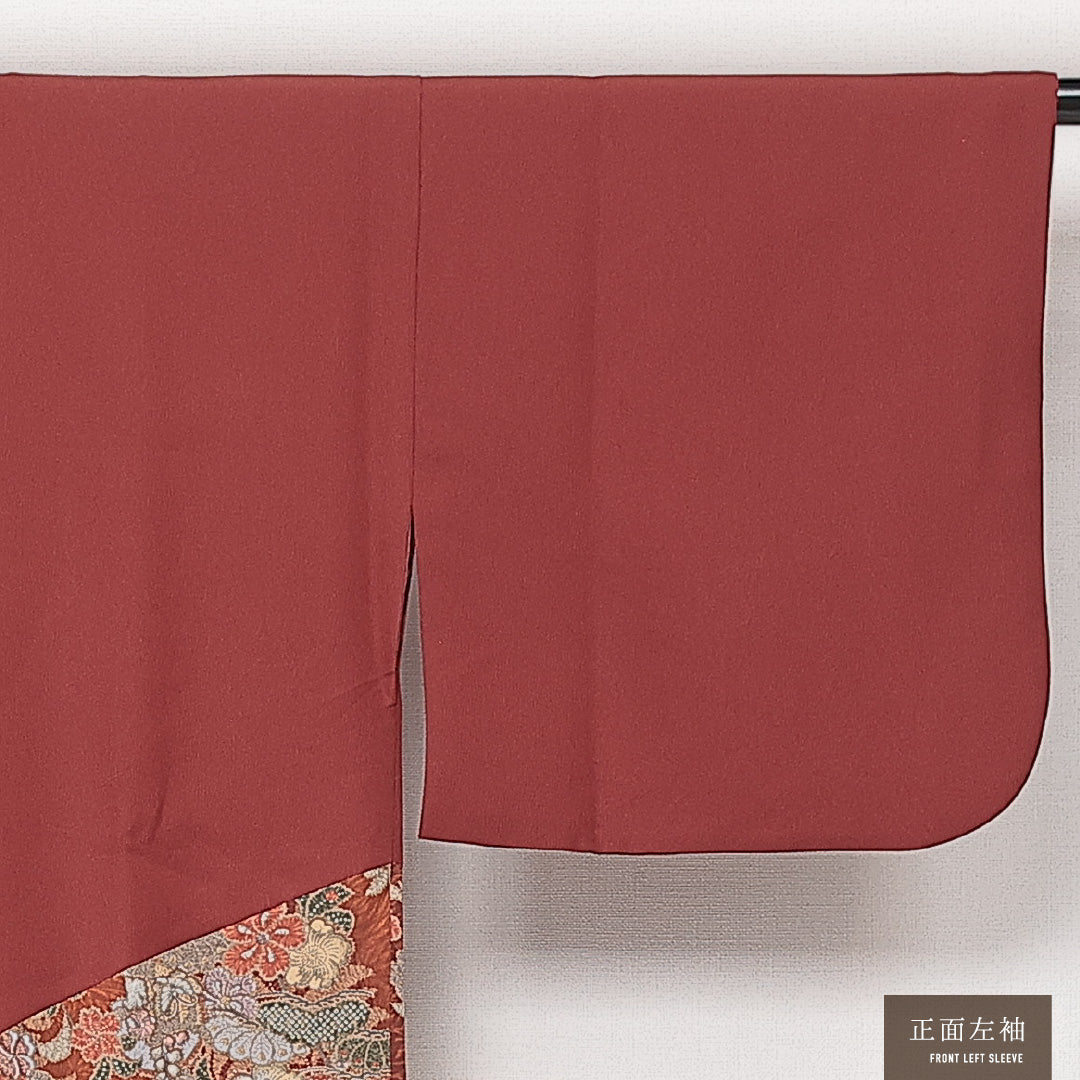 洗える着物 道中着 袷 身丈83cm 裄丈67cm ポリエステル Sランク セミフォーマル Mサイズ 辻が花調 花柄 朱系 RP 1236-13899