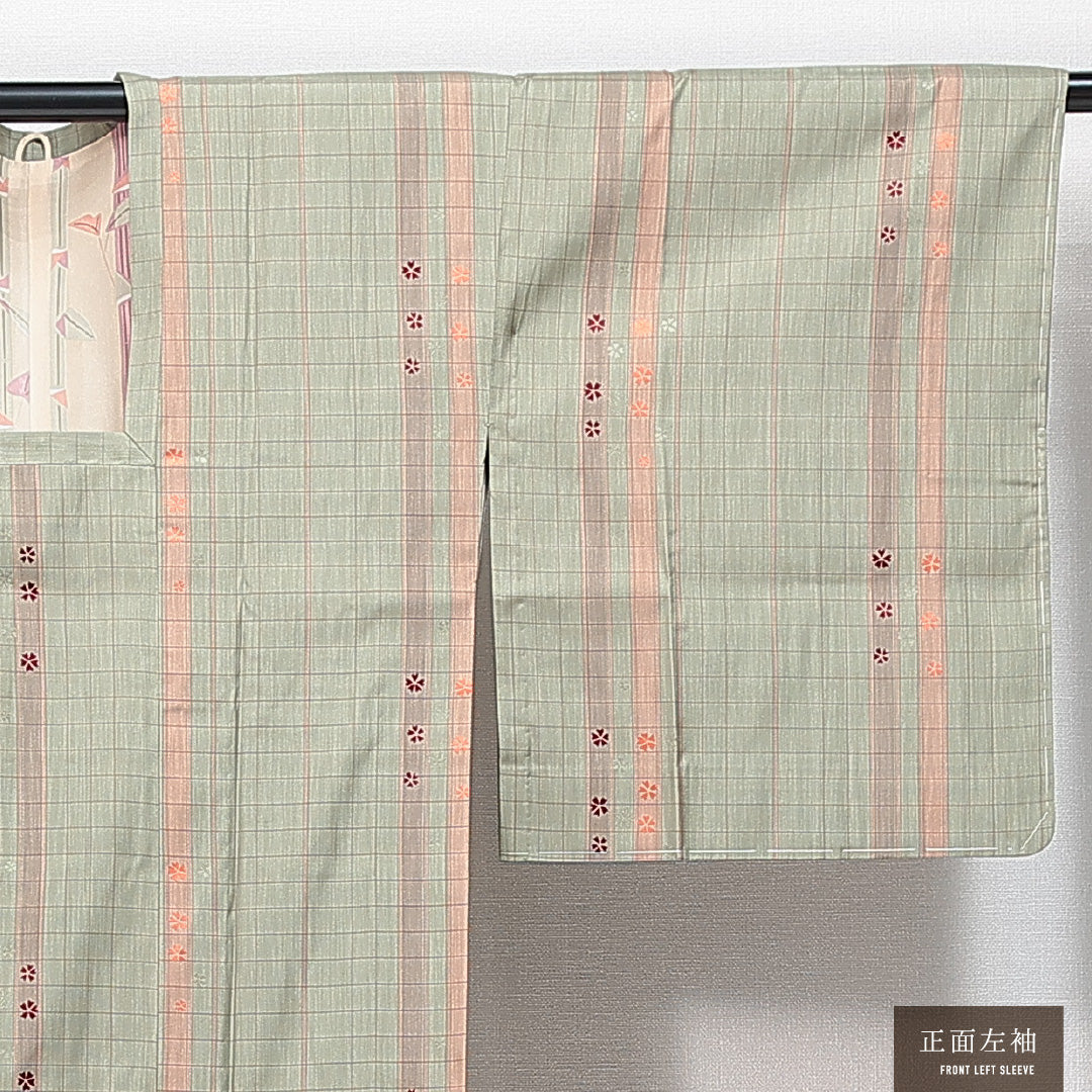道行コート 袷 身丈132cm 裄丈66cm 正絹 Sランク Mサイズ インフォーマル ポケットあり 格子 桜 緑系 1263-14846