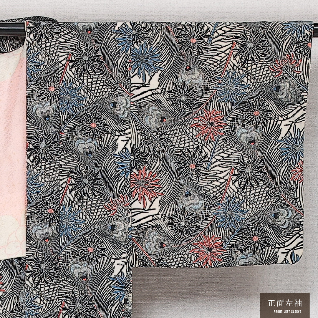 羽織 袷 身丈84cm 裄丈64cm 正絹 Aランク カジュアル Mサイズ 菊 孔雀の羽 グレー系 HP 1232-13882