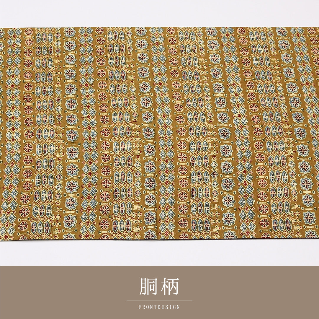 九寸名古屋帯 Sランク 帯丈364cm 正絹 全通 開き仕立て 染め カジュアル リバーシブル 紬 幾何学柄 黄系 RP 1245-01474