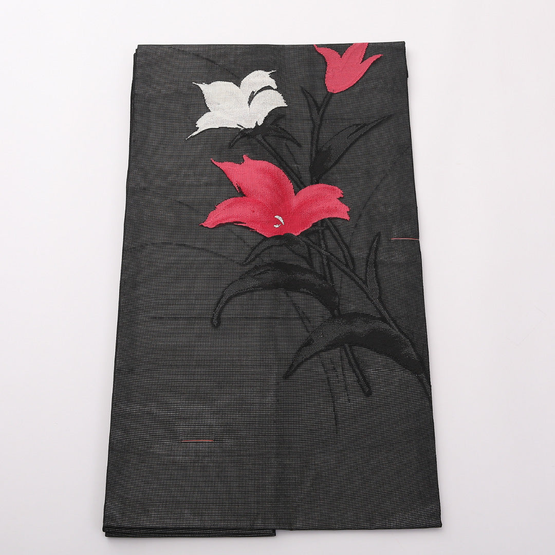 未使用品 九寸名古屋帯 (夏帯) Nランク 帯丈351cm 正絹 ポイント柄 名古屋仕立て 織り インフォーマル 花柄 黒系 RP 1245-02377