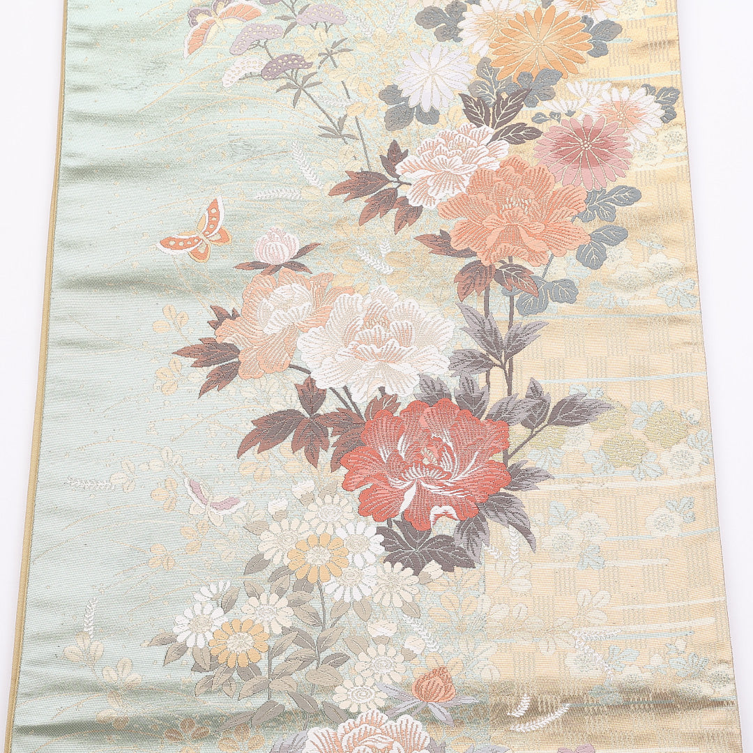 袋帯 帯丈436cm 六通 引箔 牡丹や菊 蝶 藤 振袖帯 フォーマル 緑系 正絹 Sランク 1223-00861