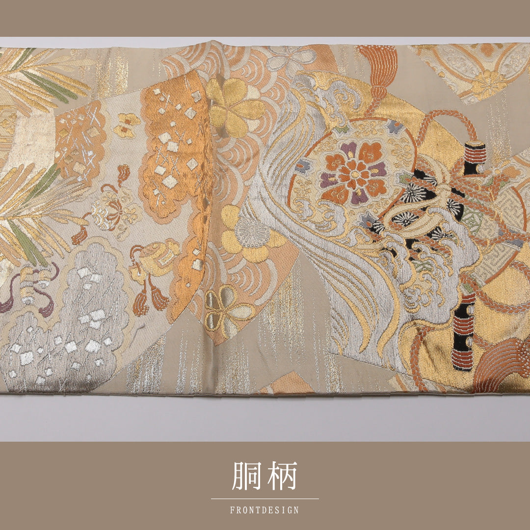 アンティーク 丸帯 帯丈400cm 正絹 全通 扇面文 楽器 クリーム系 金系 1242-01365