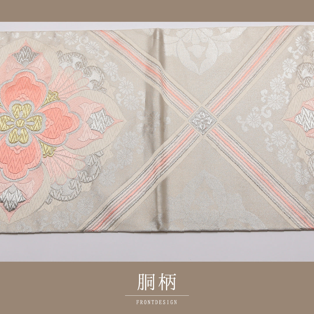 袋帯 帯丈442cm 正絹 六通 フォーマル 宝相華 銀系 1243-01338