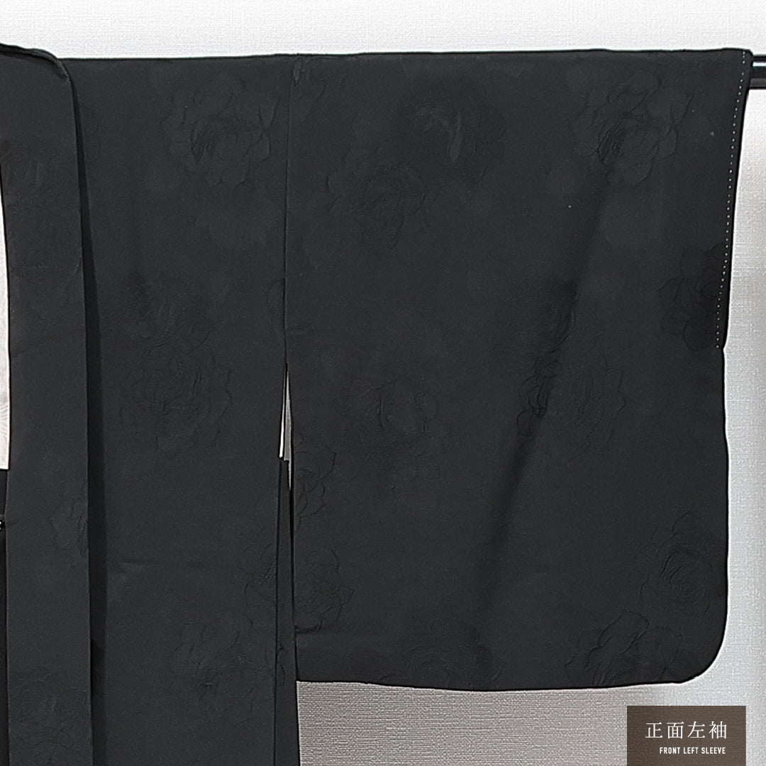 黒羽織 袷 身丈73cm 裄丈64cm 正絹 Aランク 一つ紋 (五三桐) 紋意匠 (薔薇) セミフォーマル Mサイズ 紐あり 黒系 RP 1233-14748