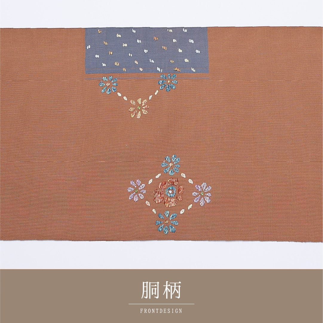 未使用品 名古屋帯 帯丈544cm ポイント柄 未仕立て Nランク カジュアル 刺繍 綴れ織 正絹 茶系 1224-01399