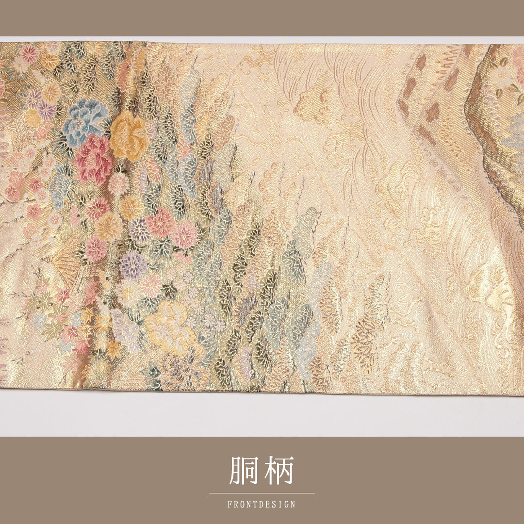 袋帯 帯丈436cm 正絹 六通 フォーマル 寺社 四季山野 金系 1243-01276