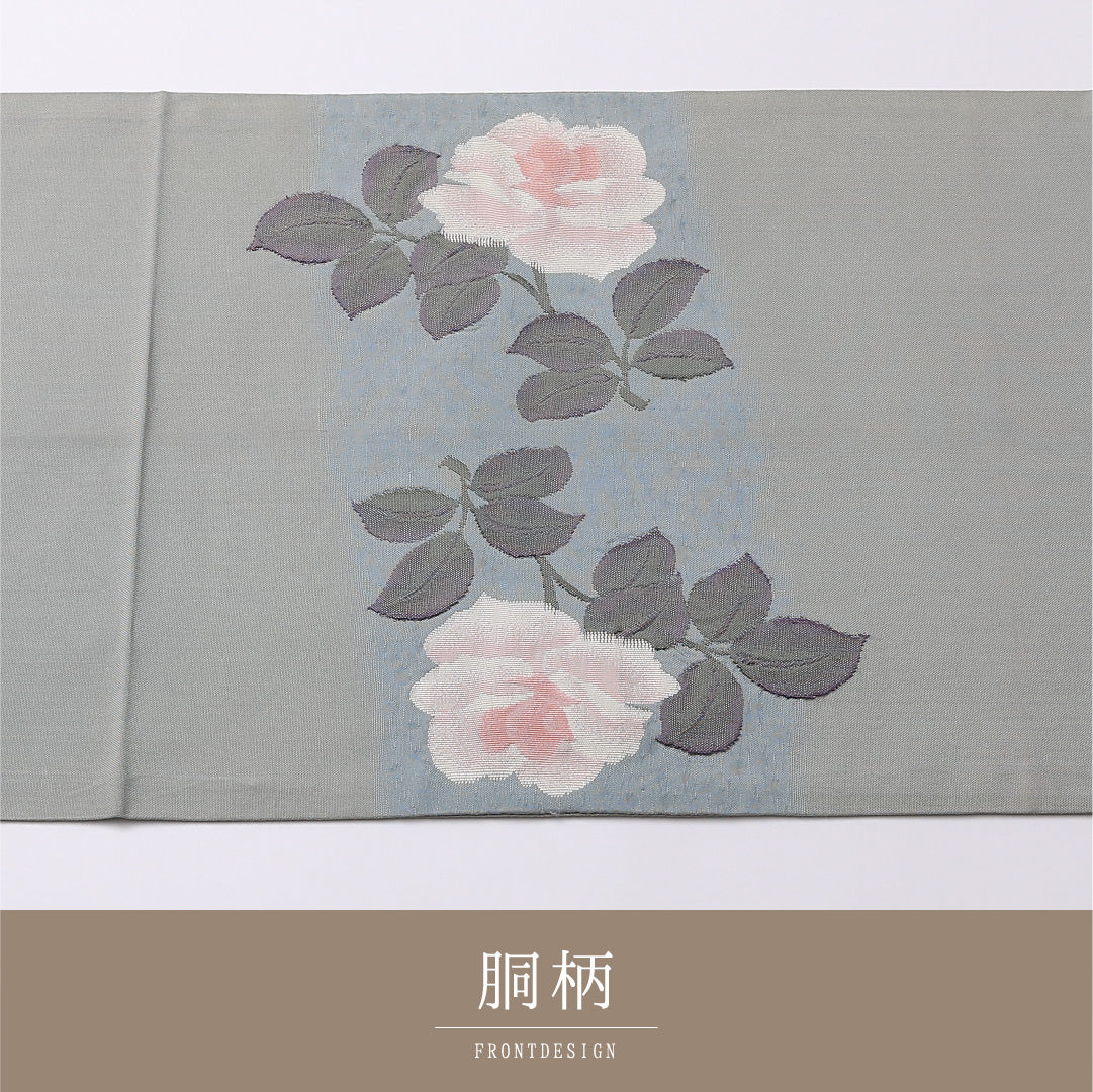 名古屋帯 ポイント柄 帯丈352cm カジュアル Aランク 正絹 綴れ織 椿 写実的 気品 緑系 1224-02677